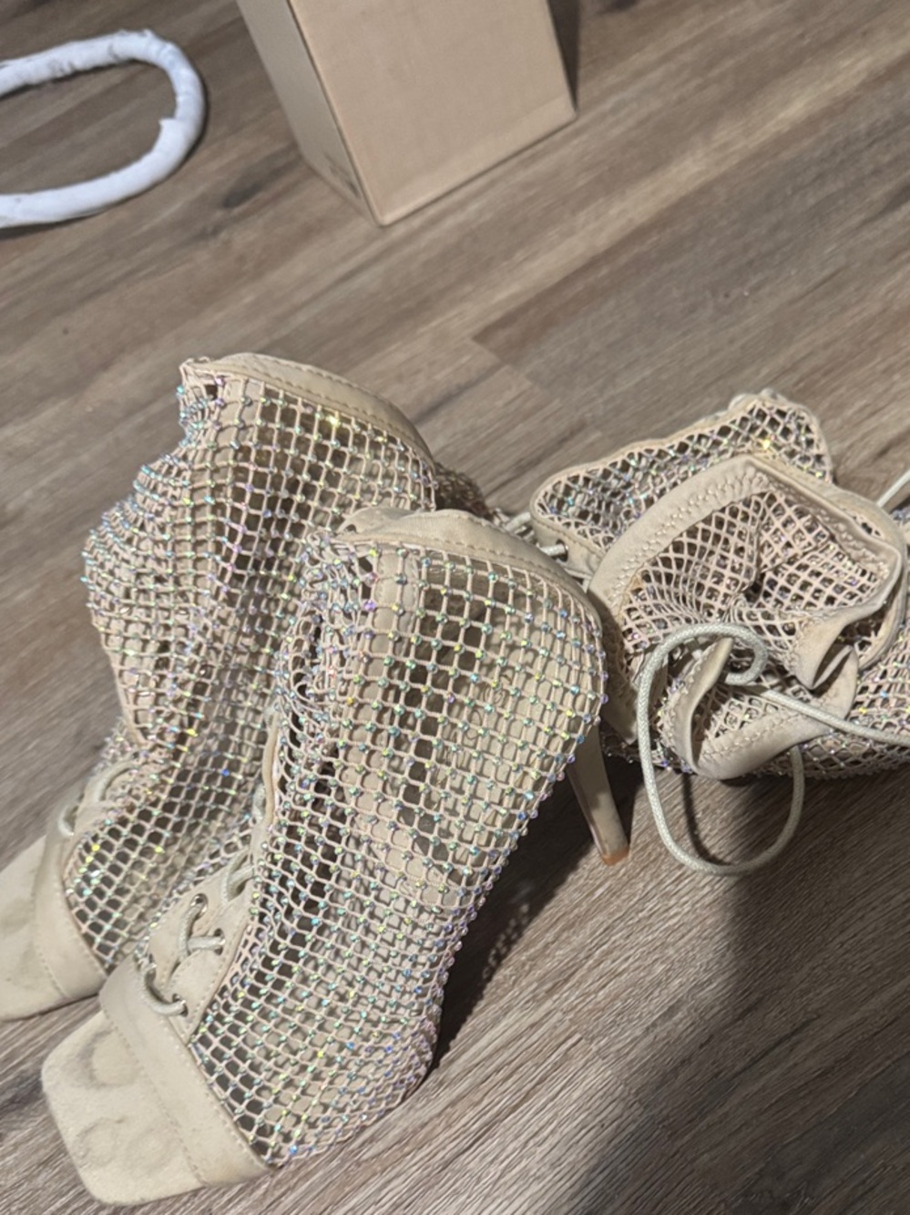 Fashion Nova Iridescent Mesh Lace-Up High Heel Booties in Nude